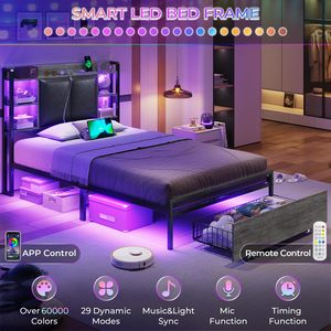 Twin <strong>Bed</strong> <strong>Frames</strong> LED Charging Station Upholstered Storage Headboard <strong>Platform</strong> <strong>Bed</strong> <strong>Frame</strong> Drawer No Box Spring Needed Easy Assembly - Product Image 5