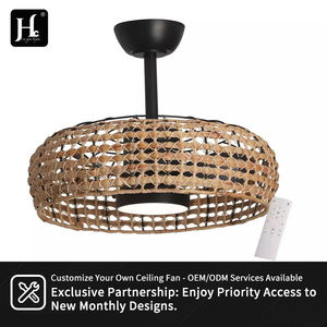 Ventilateur de plafond LED en rotin tressé avec lumière, style vintage, lampe suspendue simple pour la décoration du salon ou du bar - Product Image 5