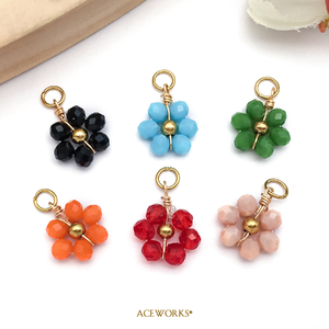 Breloques en perles pour enfants en forme de fleurs |   Pendentifs en perles de verre enveloppées de fil en acier inoxydable plaqué or 18K PVD pour la fabrication de bijoux DIY | - Product Image 6
