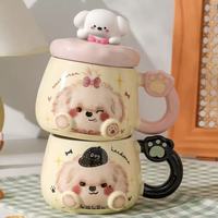 Mug en céramique avec couvercle, motif chiot de dessin animé, résistant aux hautes températures, compatible micro-ondes, pour usage domestique, cadeau mignon pour couple, petit-déjeuner, café