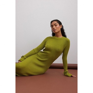 Vestido de Punto Personalizado con Cuello Redondo y Manga Larga, Vestido Midi Casual de Otoño para Mujer, Vestido de Punto Acanalado - Product Image 6