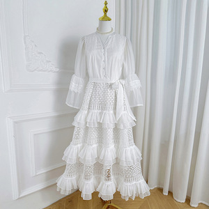 เดรสแฟชั่นเอวแขนบานมีระบายลายฉลุลูกไม้แบบประกบแนววินเทจ - Product Image 5