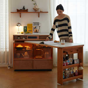 Buffet Carré Moderne en <span class=keywords><strong>Bois</strong></span> Massif avec Plateau en Ardoise Rotatif, Extensible et Pliable de Style Japonais, Bar à Vin Intégré, Sans <span class=keywords><strong>Assemblage</strong></span> - Product Image 2