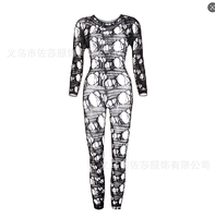 Body résille noir à manches longues pour femme, orné de strass, lingerie intégrale ODM, maille transparente ajourée avec découpes irrégulières