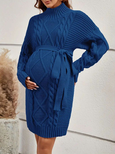 Disponibile Abito Premaman a Collo Alto <span class=keywords><strong>in</strong></span> Maglia Intrecciata, Maniche Lunghe, con Cintura <span class=keywords><strong>in</strong></span> Vita, Vestito Aderente per <span class=keywords><strong>Gravidanza</strong></span> - Product Image 1