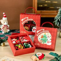 Boîte cadeau de Noël avec fenêtre et poignée, motif rouge, 4 compartiments, pour biscuits, bonbons, présentation de fêtes