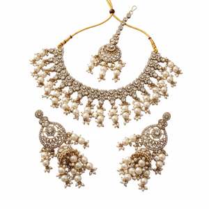 <b>Gold</b> Plated Pearl Bridal Shadow Choker Necklace <b>Set</b> Earrings Maang Tikka Ethnic Handmade High Quality Certified Engagement - Product Image 2