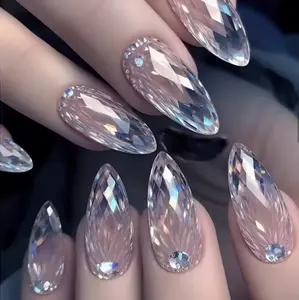 Salon Quality Nail Suppliers 3D Diamond Crystal Acrylic Nails Long Almond Press on Nails Faux Ongles