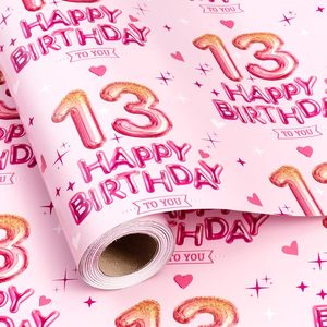 26 Nouveaux modèles de papier cadeau d'anniversaire rose, motif Joyeux Anniversaire pour les célébrations du 10e, 13e, 16e et 18e anniversaire, papier d'emballage pour fête - Product Image 3