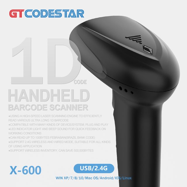 GTCODESTAR X-600 Handheld Inventory Barcode Scanner Wireless 2.4G Barcode Scanning Gun Laser 1D Barcode Reader for Warehouse
