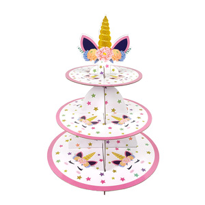 Support à gâteau en papier à trois étages sur le thème de la licorne, 37 cm, pour fête d'anniversaire, présentation de desserts, impression numérique ronde, respectueux de l'environnement - Product Image 5