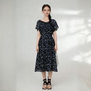 Summer Navy Blue Floral Midi Dress Elegant Short Sleeve Casual Dress High Waist Flowy A-line for Beach <strong>Vacation</strong> - Product Image 1