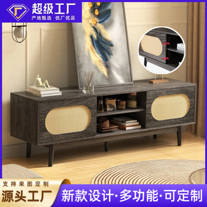Mueble de TV telescópico simple de ratán y madera maciza y mesa de centro combinada, mueble de TV con almacenamiento para sala de estar, negro, claro - Product Image 5