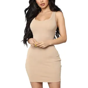 Fashion Plain Casual Sexy Mini Dress Sleeveless Ribbed Cotton Women Tank Top Dress