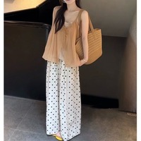 Nouvel ensemble élégant pour femme : débardeur fin à lacets et pantalon décontracté ample à pois patchwork, collection été 2026, tendance