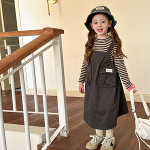 أزياء كورية غير رسمية خريفية مخطط تي شيرت + فستان كارجو 2 طقم ملابس فتيات أطفال - Product Image 1