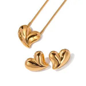 Moda paslanmaz çelik kalp şekli takı set18k altın gümüş kadın moda takı kalp kolye küpe