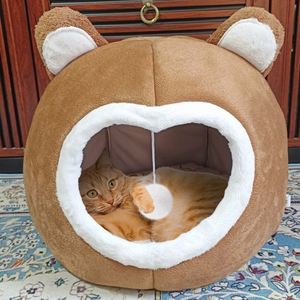 Pet Luxury Three-dimensional Ear Warming <b>Bed</b> Solid Pattern Super Soft Sponge Filling Anti-Slip All Seasons Warm Nest for Cats - Product Image 2