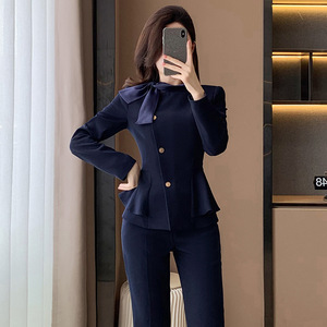 Apricot Ruffled Women's Suit Set Full Sleeve Polyester Elegant Autumn Anti-Wrinkle Beauty Salon Uniform - Product Image 2