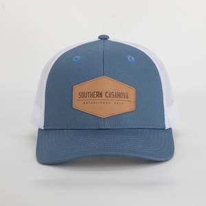 Custom High Quality 6 Panel 112 Cap Style Cotton Structured Mesh Trucker <b>Hat</b> With <b>Leather</b> Patch Logo - Product Image 2