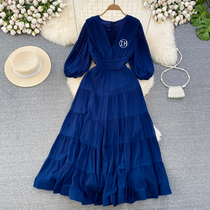 All'ingrosso elegante abito lungo in Chiffon da donna Casual plissettato mezza lanterna manica scollo a V con cerniera naturale lavabile - Product Image 1