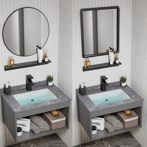 Conjunto de Muebles de Baño de Aluminio Espacial con Almacenamiento Montado en la Pared e Iluminación, <span class=keywords><strong>Lavabo</strong></span> de Cerámica para Balcón, Cuarto de Baño y Aseo - Product Image 2
