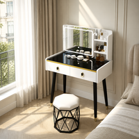 Table de maquillage moderne en bois massif de style nordique, durable, noire, avec miroir LED 3 couleurs, meuble de chambre à coucher pour appartement ou hôtel