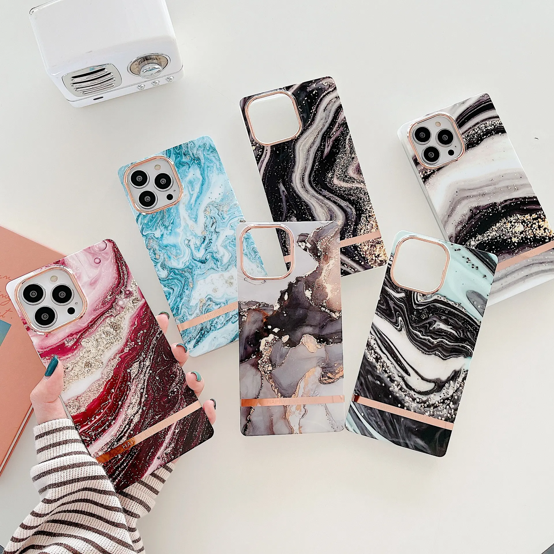 For iPhone 14 Pro Max Square Marble Case, Luxury Plating Women Girls Glossy Soft TPU Gel Flexible Phone Case for iPhone 14 13 12
