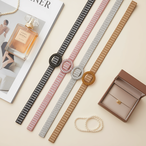 Cintura in tessuto con fibbia rotonda e strass, 2x100 cm, elastica e decorativa, accessorio moda per donna - Product Image 3