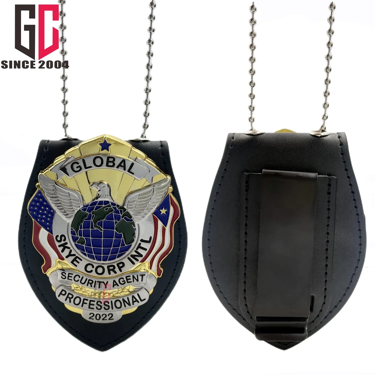 12 years Factory Custom Metal security badge with Leather wallet holder