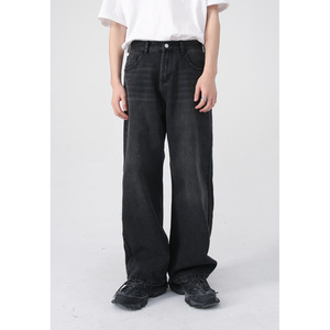 <span class=keywords><strong>Jean</strong></span> en denim pour homme, taille mi-haute, <span class=keywords><strong>coupe</strong></span> <span class=keywords><strong>droite</strong></span>, noir et <span class=keywords><strong>gris</strong></span>, jambe large, style coréen, décontracté, toutes saisons - Product Image 1