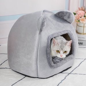 安抚舒适柔软的猫洞穴床，配有可拆卸可洗靠垫枕头 - Product Image 4