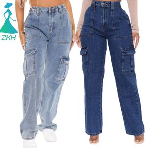 9042# Ropa de Verano Otoño al por Mayor Moda Urbana <span class=keywords><strong>Vaqueros</strong></span> Vintage Casual Anchos de Mezclilla Cargo Pantalones Sueltos con Bolsillos para Mujer - Product Image 1