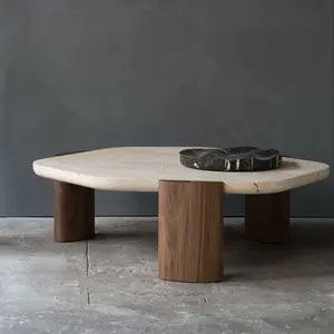 İskandinav modern doğal taş traverten çay masası tasarlanmış oturma odası katı ahşap sehpa