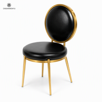 Chaise de banquet empilable pour hôtel, salle de réception de mariage, en acier inoxydable doré, dossier rond, revêtement noir, coussin rond