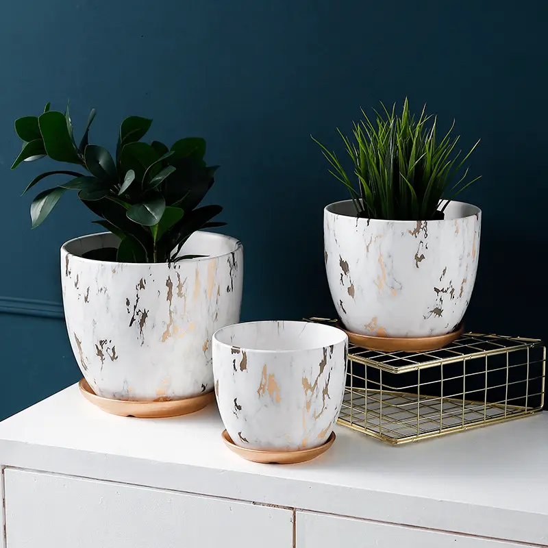 Pot Bunga Keramik Modern Dekorasi Rumah, Pot Tanaman Dalam Ruangan Luar Ruangan Taman Tanaman dengan Lubang Saluran dan Piring
