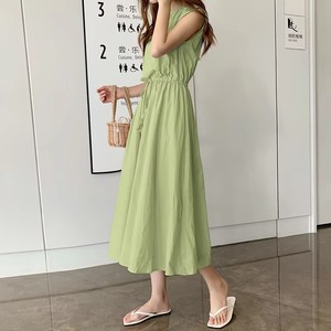 Abito lungo casual senza maniche con coulisse in vita a trapezio da donna, tinta unita, estivo, per vacanze, vestito midi da donna, vestibilità ampia, all'ingrosso - Product Image 6