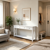 Table console en bois massif blanc avec étagères de rangement, style moderne, salon, salle à manger, entrée, couloir, table de canapé, décoration durable pour la maison
