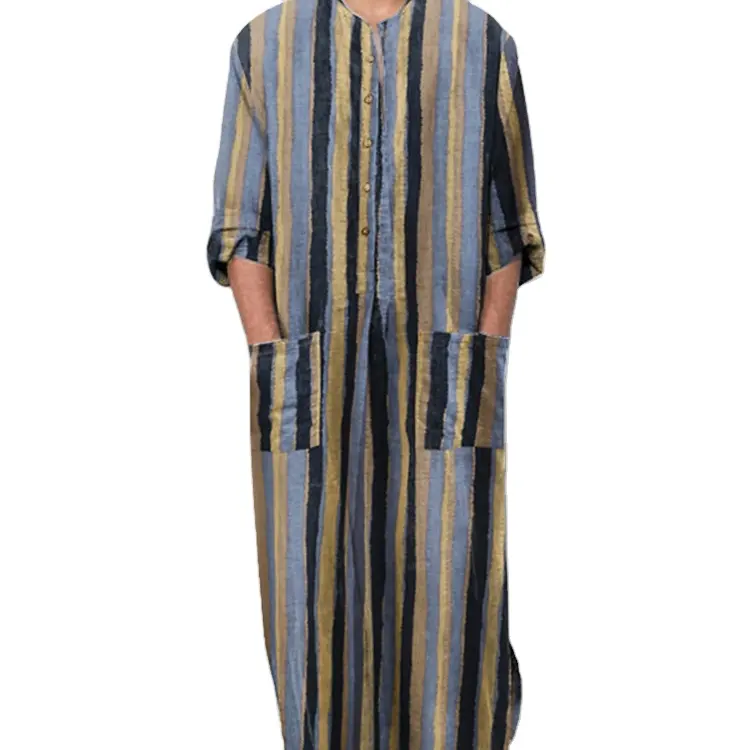イスラム教徒のローブ新しいアラブのメンズルーズドアバレルストライプ長袖スポットエスニックスタイル中東イスラム教徒の男性のドレス