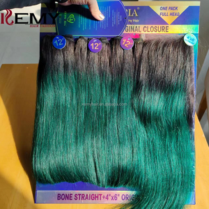 Kemy Hair มัดผมดิบ3 + 1ช่อต่อ<span class=keywords><strong>ผม</strong></span>มนุษย์<span class=keywords><strong>สี</strong></span><span class=keywords><strong>เขียว</strong></span>เข้มพร้อมที่ปิด4*6หลายแพ็ค - Product Image 3