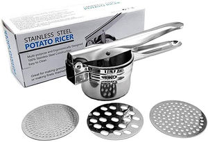 Presse-purée à pommes de terre manuelle professionnelle, robuste, en acier inoxydable, avec 3 disques interchangeables amovibles - Product Image 6