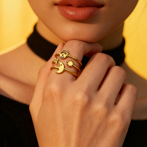 European American Style Stainless Steel Openwork <b>Ring</b> Sun Moon Star Motif Adjustable U Shape Women's Fashion Jewelry Gift - Product Image 1