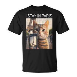 T-shirt Cat In Paris avec motif Tour Eiffel et chat pour les amateurs de voyages - Product Image 1