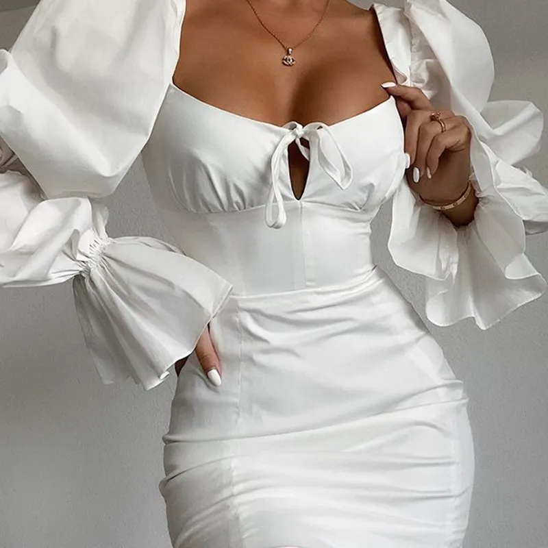 Minivestido ajustado blanco, Falda corta de alta calidad con mangas de burbuja