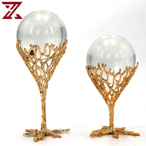 Nordic Gouden Luxe Kristallen Bol Met Metalen Frame Basis Ambachten Ornament Voor Woondecoratie Stukken