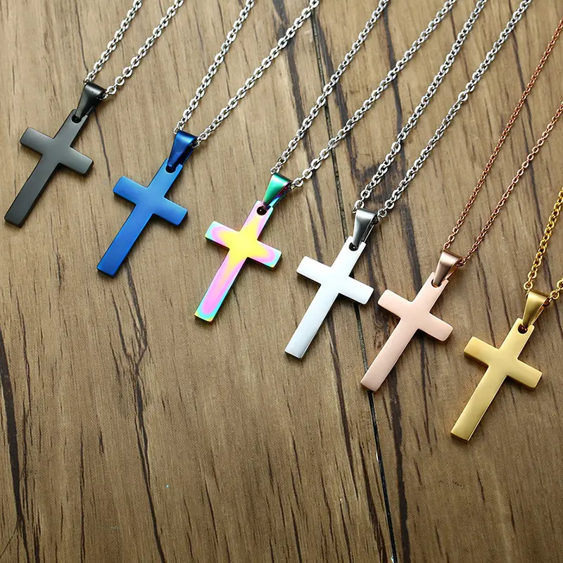 Fashion Gold Silver Black 6 Colors Stainless Steel Link Chain Jesus Cross Pendant Necklace For Men Couple Friend Prayer Jewelry