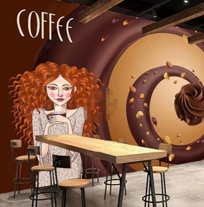 Kopi Latte seni dan kopi gadis latar belakang Mural Wallpaper mewah - Product Image 1