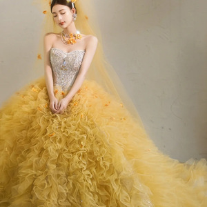 Yellow Strapless Tulle Ball Gown Sweetheart Neckline Empire Waist Wedding Dress Candy Color Haute Couture Princess Style - Product Image 4