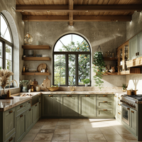 Armoires de cuisine sur mesure avec finition vert olive, portes shaker et étagères ouvertes, fabriquées sur commande pour projets d'aménagement intérieur personnalisés