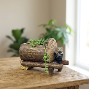 Rustic Wooden <b>Log</b> Planter With Succulent Plant And Cat Figurine For Desktop Indoor Use - Product Image 4